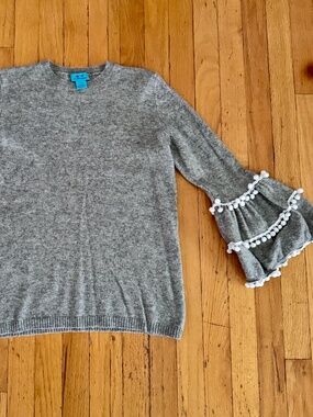 Two Bees Wool & Cashmere Grey Bell Sleeve Pom-Pom Tassel Sweater